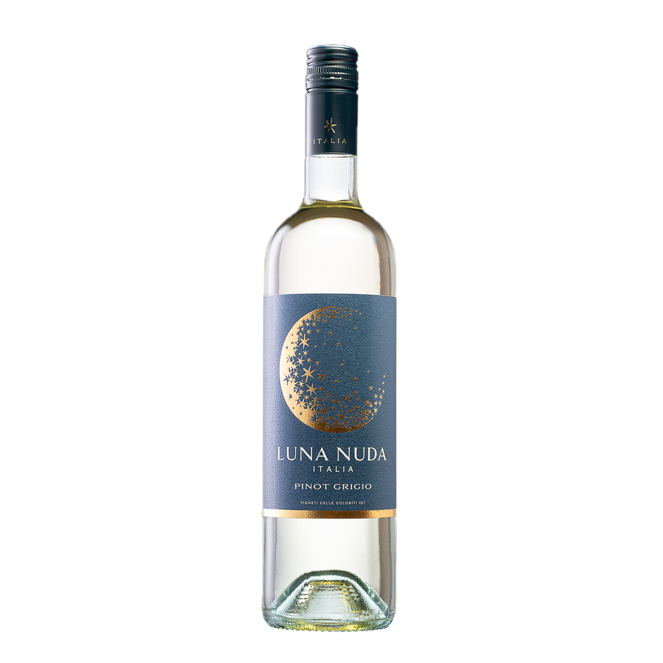 A bottle of Luna Nuda Pinot Grigio white wine with a dark blue label featuring a gold moon graphic, set against a plain white background.