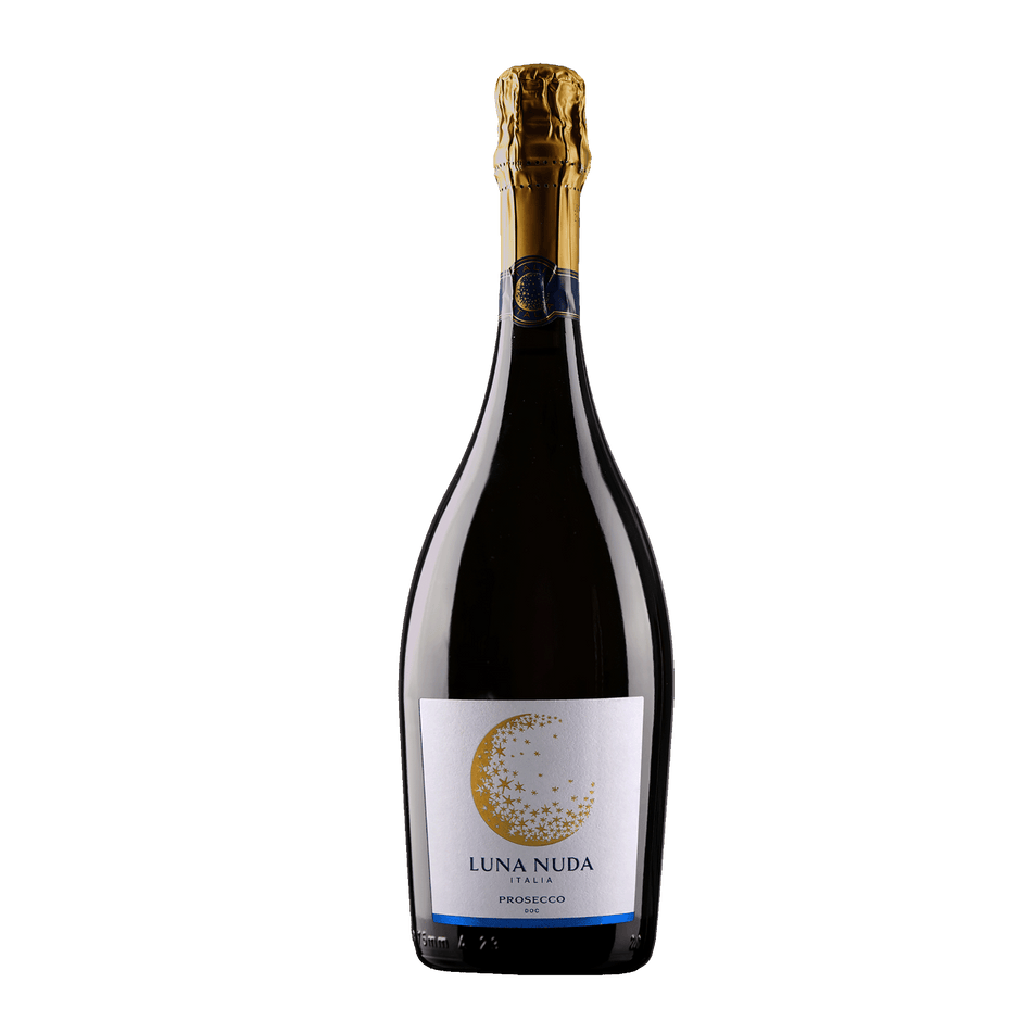 A bottle of Luna Nuda Prosecco with a white label featuring a gold crescent moon graphic, set against a plain white background.