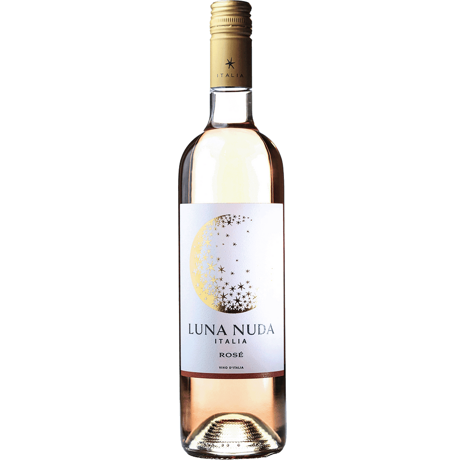 A bottle of Luna Nuda Italia Rose wine, featuring a white label with a gold crescent moon and stars, and a gold foil-wrapped neck, set against a plain white background.